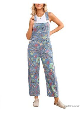Womens Floral Denim Overalls Wide Leg Adjustable Strap Jean Jumpsuit